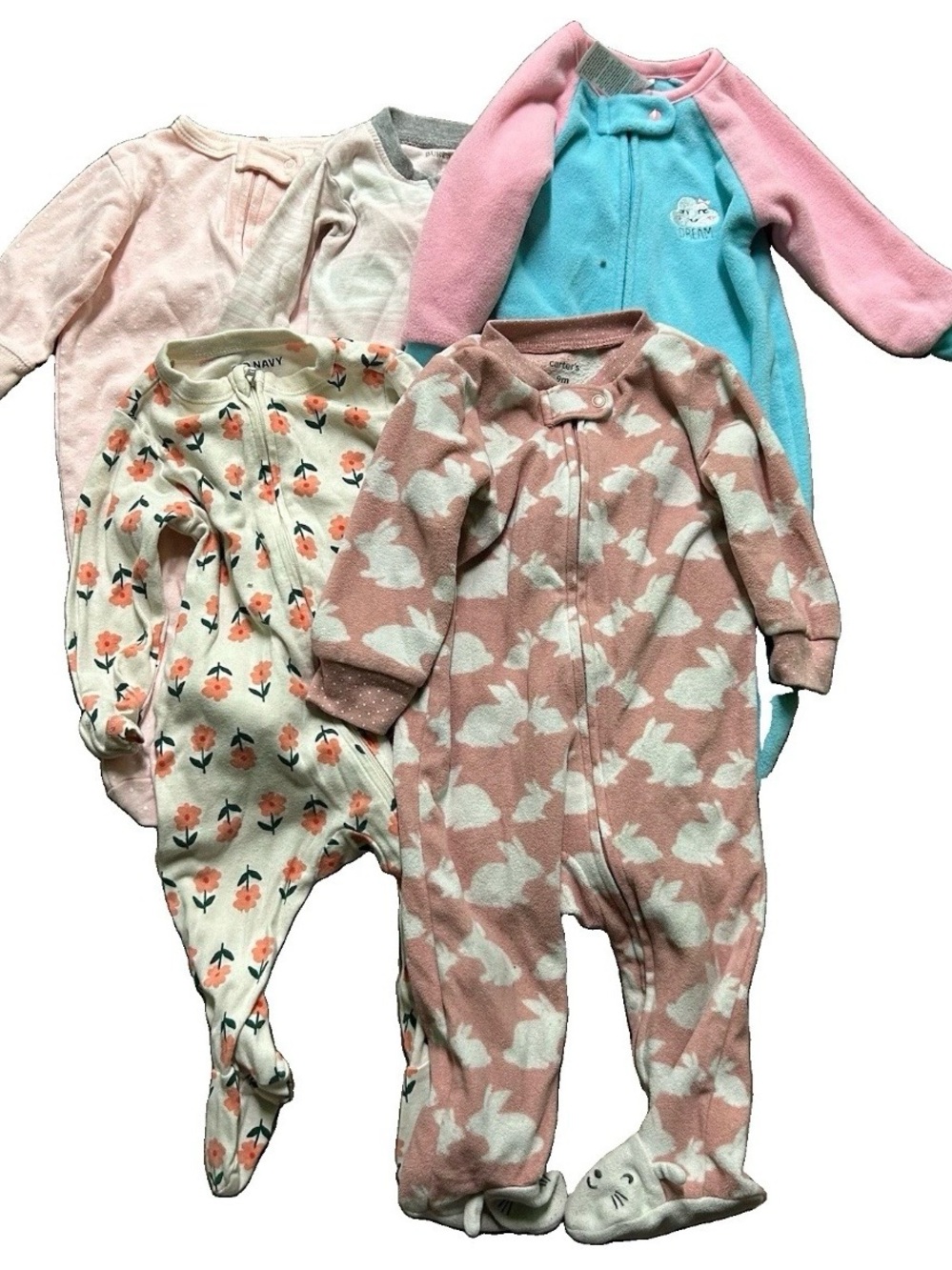 Baby Girl Footie Pajamas Pink Bunnies Flowers Size 6-9 Months